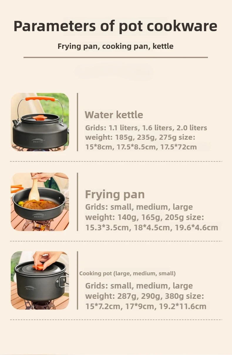 Utensilios de cocina para senderismo al aire libre, utensilios de cocina para acampar, tetera de agua hirviendo, equipo de sartén, olla portátil para acampar, juego combinado de suministros