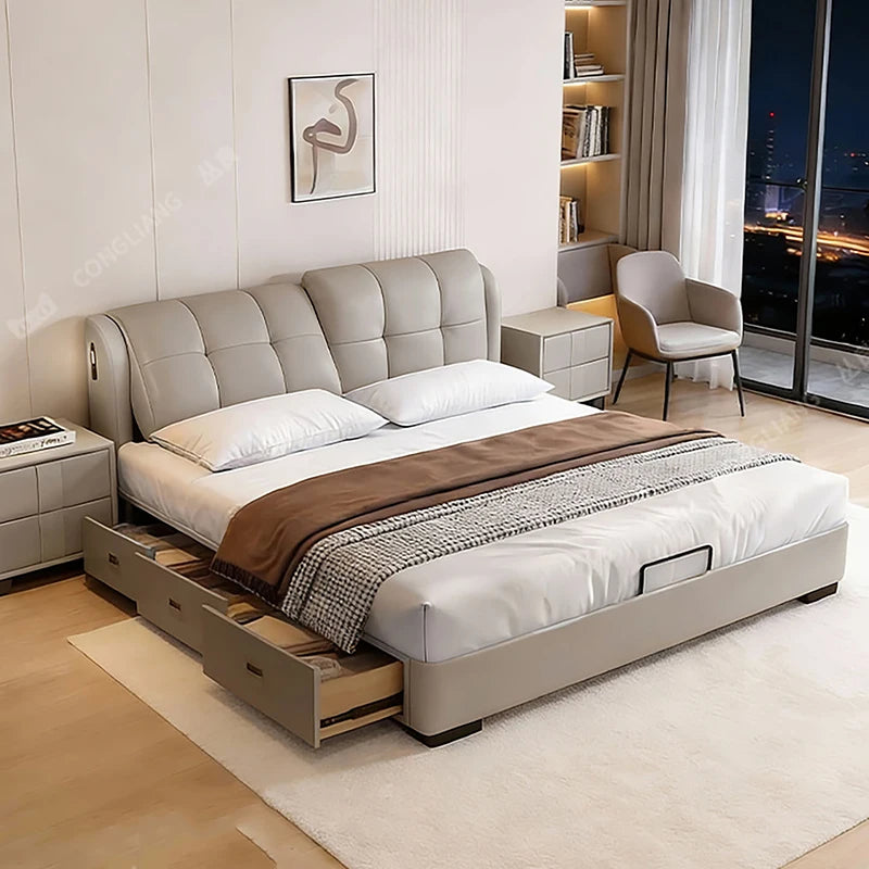 Cama de masaje moderna y sencilla, diseño de cama de dormir de madera, cama doble de lujo para niñas, cama Queen con plataforma, muebles de salón y suite.