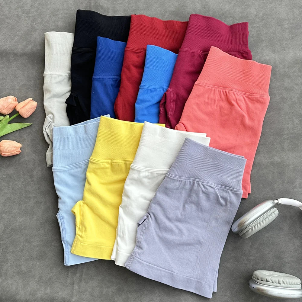 Pantalones cortos deportivos para mujer, pantalones cortos de gimnasio con banda baja acanalada de 4,5 ", mallas sin costuras para entrenamiento y Yoga