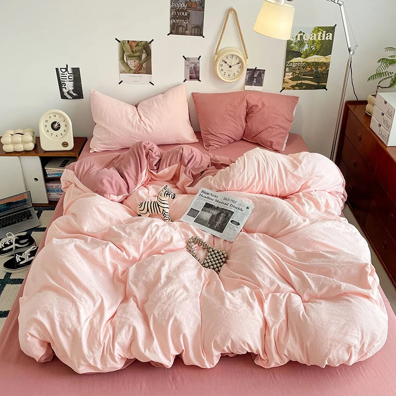 Funda nórdica de poliéster para dormitorio, juego de ropa de cama de 3 piezas, Color liso, rosa y gris, 2 fundas de almohada