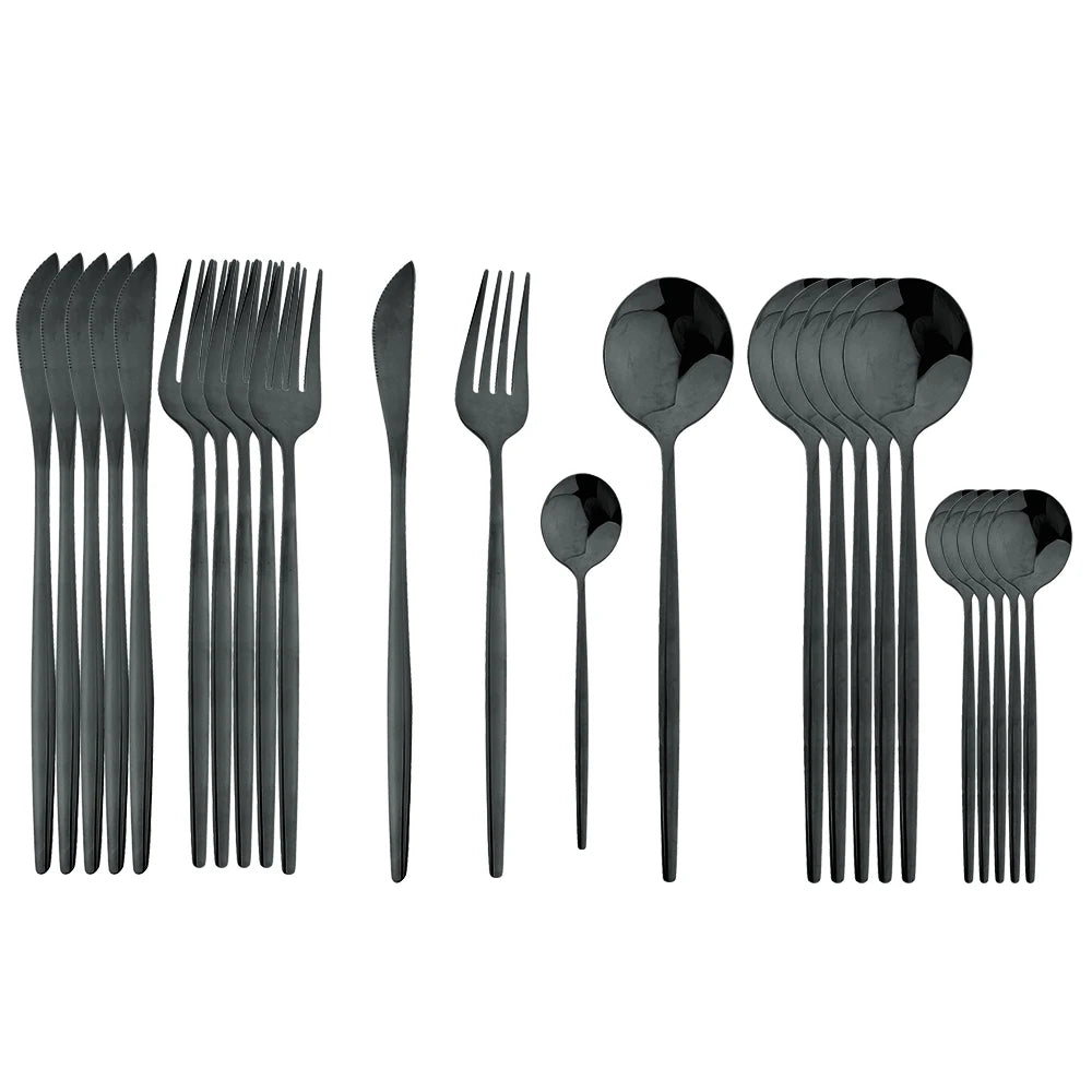 Juego de cubiertos dorados con mango negro, 24 Uds., cuchillo de acero inoxidable, tenedor, cuchara, vajilla, juego de cubiertos, vajilla de cocina para Festival, regalo