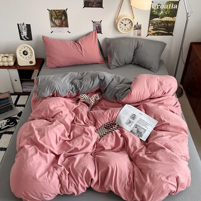 Funda nórdica de poliéster para dormitorio, juego de ropa de cama de 3 piezas, Color liso, rosa y gris, 2 fundas de almohada