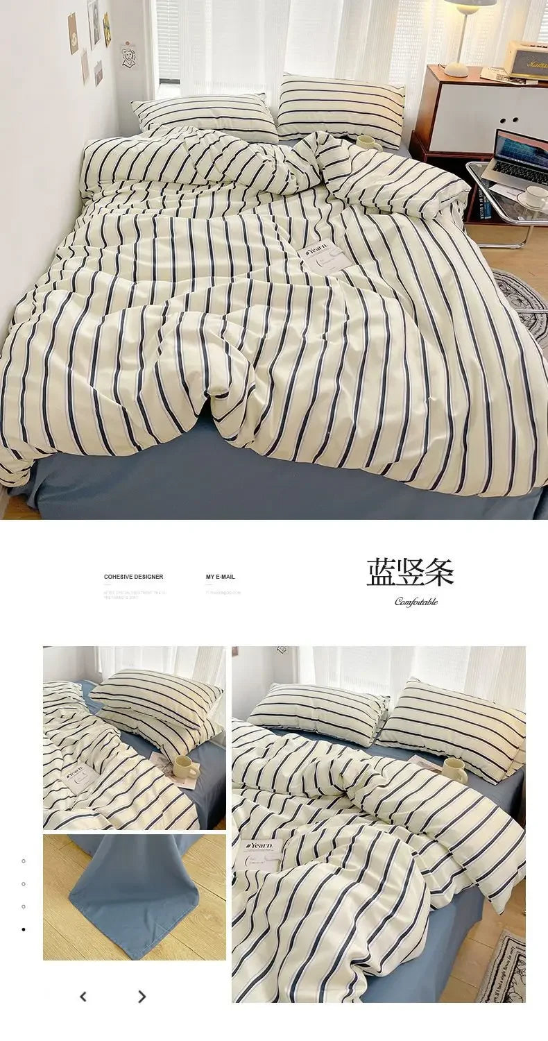 Juego de sábanas de cuatro piezas con funda nórdica de rayas rojas y azules simples con ropa de cama de algodón lavada en la cama