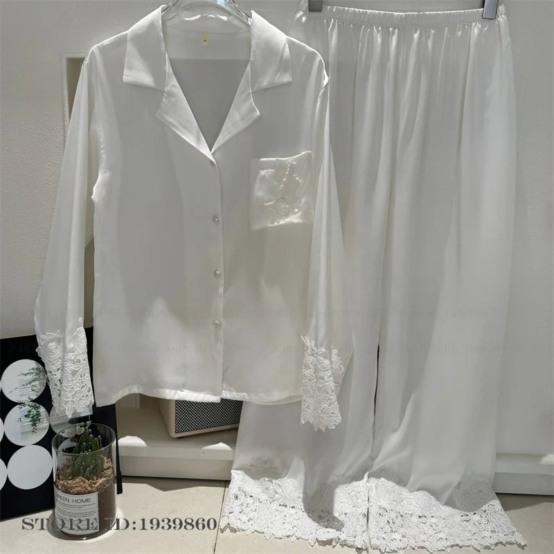 Conjunto de pijamas para mujer, ropa de dormir de satén blanco con encaje, ropa de dormir para novia y boda, regalo para el hogar, traje de pantalón holgado Sexy de manga larga, ropa de descanso