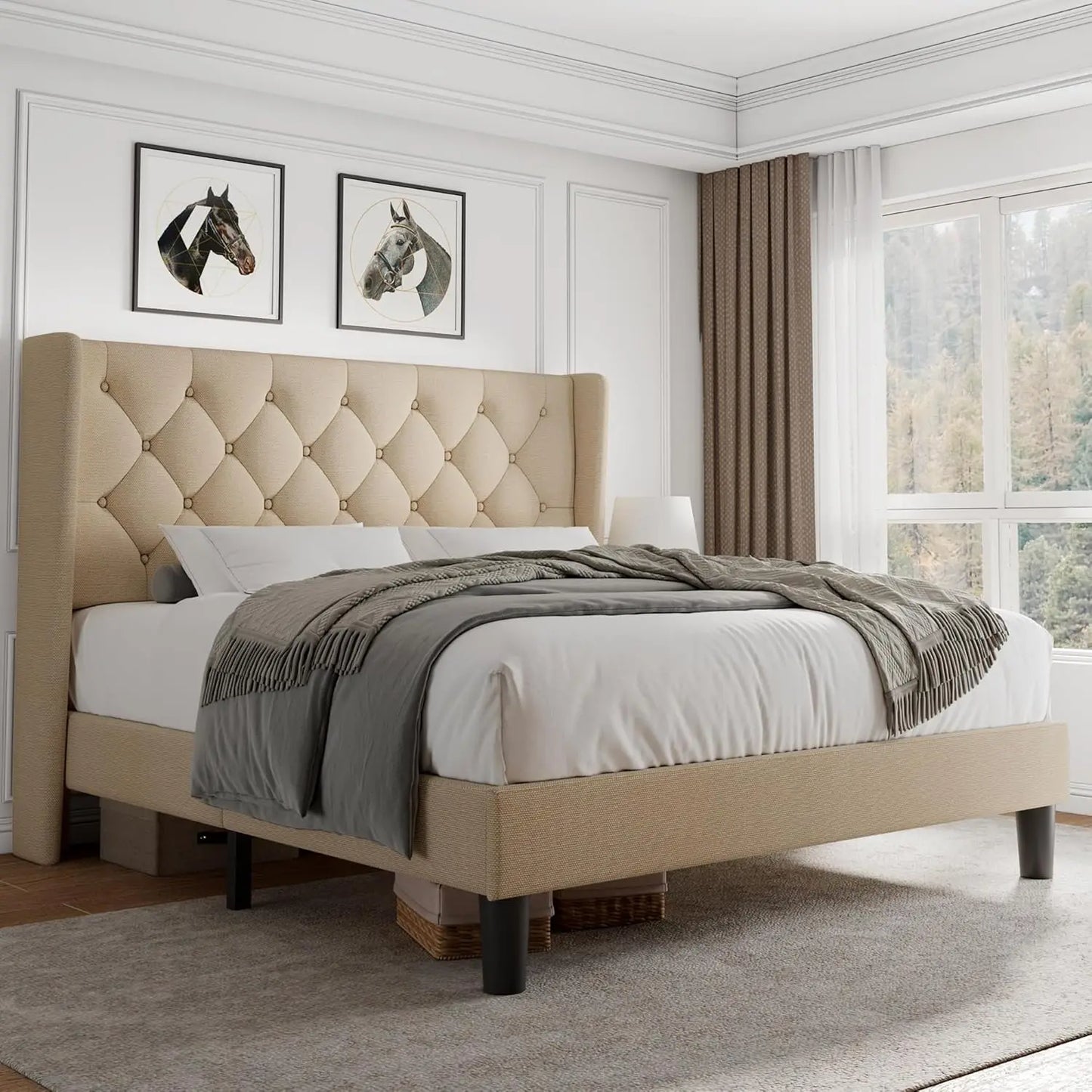Cama Queen con Plataforma de Terciopelo, Tapizada con Botones, Estructura de Madera, Láminas de Madera, 8 Pulgadas de Espacio de Almacenamiento Debajo de la Cama, Sin Necesidad de Somier, Sin Ruido, Fácil de Montar