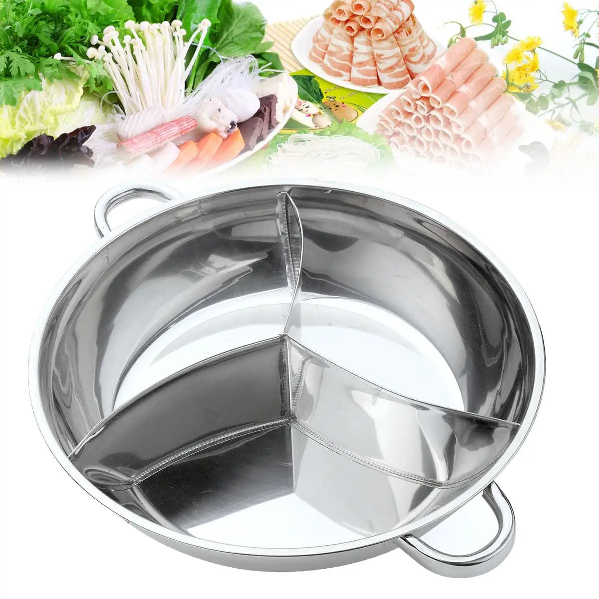 Olla caliente de acero inoxidable de 34cm, tres utensilios de cocina divididos, olla de inducción para ovejas pequeñas, olla caliente con rayas, Compatible con cocina, fiesta de invierno