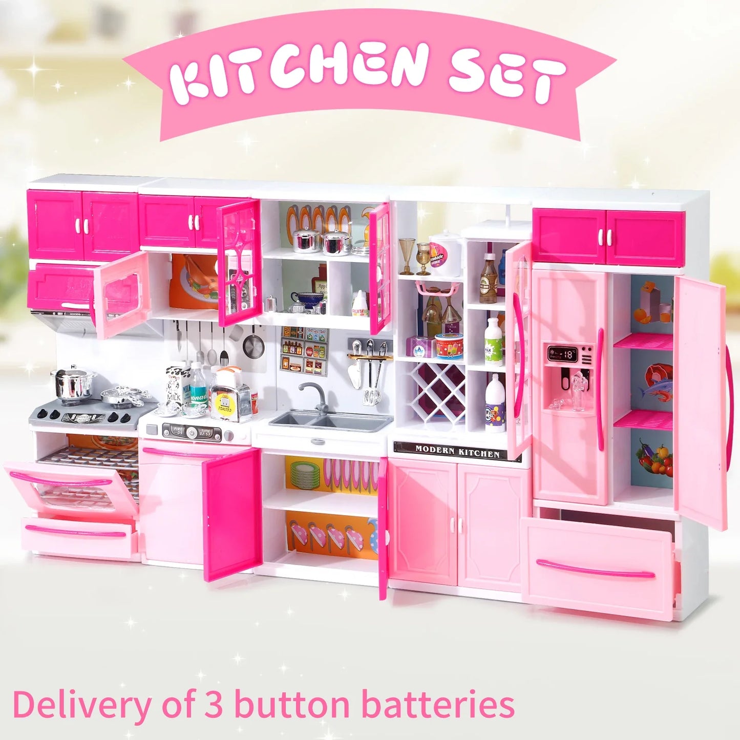 Juego de simulación combinado de cocina rosa, juego de juguetes de 5 piezas con luces y sonidos, para niñas, Navidad/Halloween/ Acción de Gracias/Año Nuevo