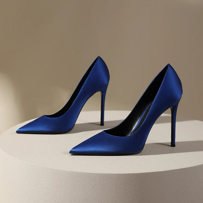 Zapatos de tacón de seda estilo socialité, tacones delgados para mujer, sexy con punta abierta, azules para vestido formal, zapatos individuales de temperamento francés