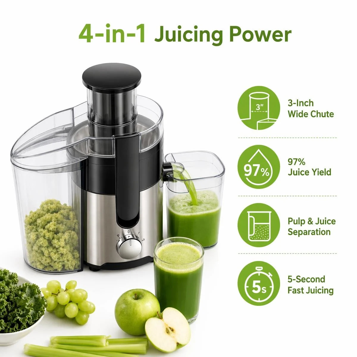 Exprimidor centrífugo, con conducto de alimentación de 3 pulgadas de ancho y 97% de alto rendimiento. CONDUCTO DE ALIMENTACIÓN GRANDE DE 3 PULGADAS: Admite alimentación directa de frutas y verduras enteras sin cortar
