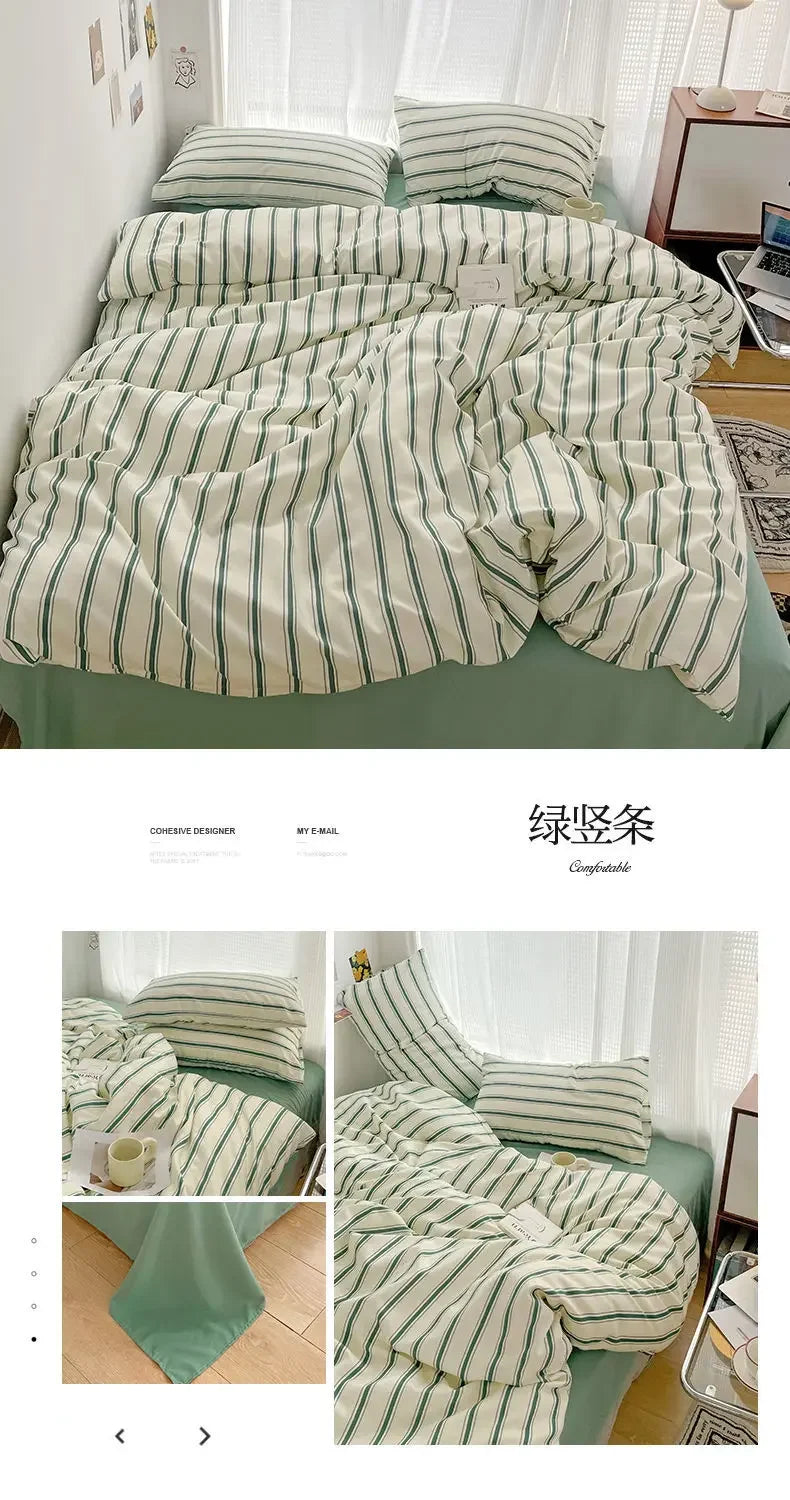 Juego de sábanas de cuatro piezas con funda nórdica de rayas rojas y azules simples con ropa de cama de algodón lavada en la cama