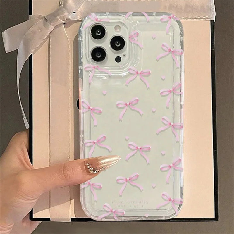 Bonita funda de teléfono con lazo de corazón rosa para IPhone 17 16 15 14 13 12 11 Pro Max 13 12 Mini 17Air 16e, fundas transparentes suaves a prueba de golpes