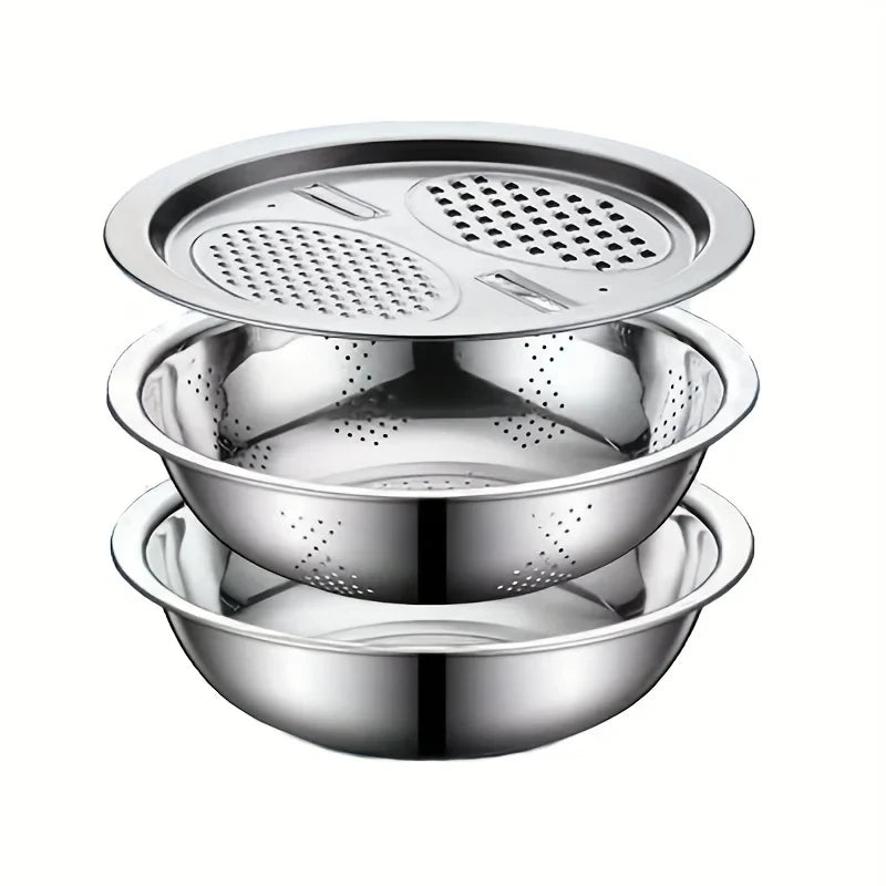 Juego de 3 Utensilios de Cocina de Acero Inoxidable, Tazón para Mezclar Multifuncional, Cortador de Verduras, Pelador de Frutas