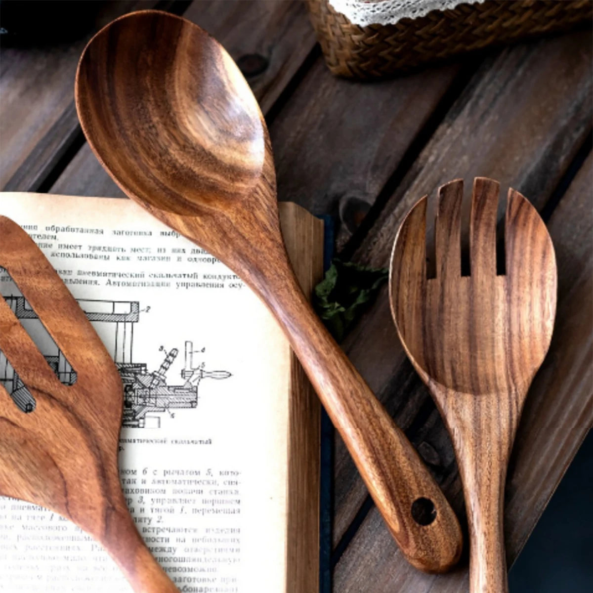 Utensilios de cocina de madera, juego de cuchara y espátula para el hogar, cuchara para ensalada, tenedor, cuchara agitadora, juego de cocina para hornear con cubo de almacenamiento