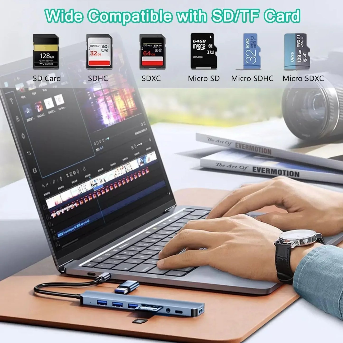 HUB USB 8 en 1 con lector de tarjetas SD/TF, puertos auxiliares de 3,5mm para MacBook Pro Air, PC, portátil y tableta