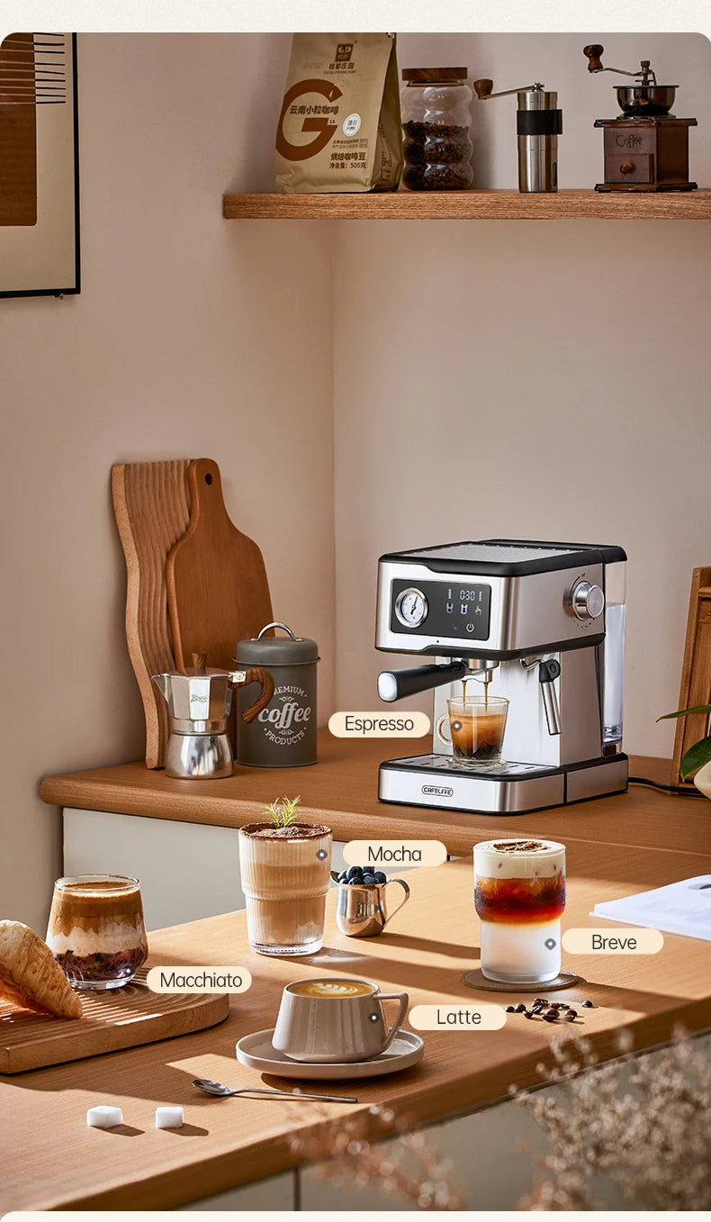 Cafetera Espresso Cafelffe de Acero Inoxidable con Vaporizador de Leche, Semiautomática, para Cappuccino, 20 Bares