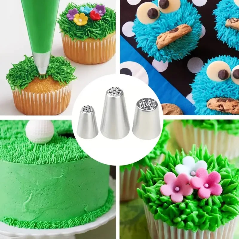 Juego de decoración de pasteles de acero inoxidable, puntas de glaseado sin costuras y boquillas para tuberías de hierba, Ideal para decoración de pasteles DIY, suministros para hornear, 3 uds.