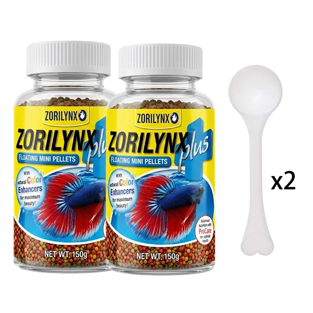 Alimento en Pellets para Peces con Anillo Flotante Cuadrado, Set para Betta y Peces Dorados, Potenciador de Color Nutritivo, Combo ZORILYNX Plus X2
