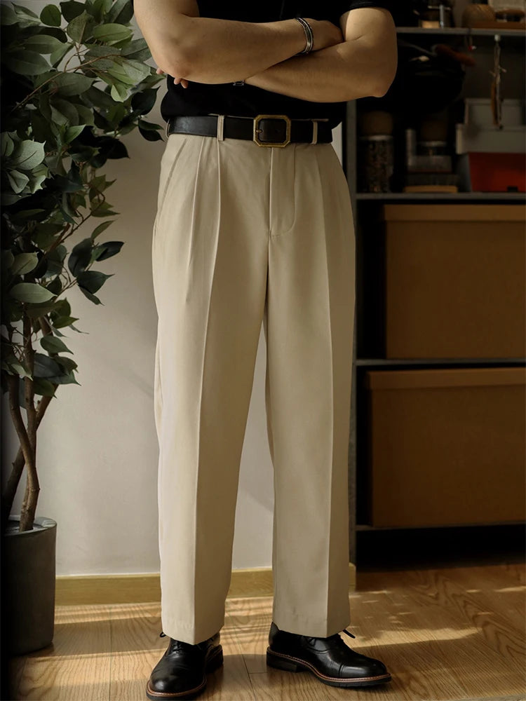 2025 pantalones de moda de primavera para hombre, pantalones rectos sueltos plisados de Color sólido, pantalones de traje transpirables de ocio para hombre, ropa para hombre