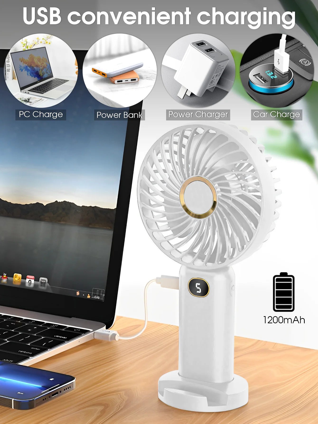 Ventilador portátil de mano, miniventilador recargable por USB, pantalla Digital, ajuste de 5 velocidades, adecuado para viajes, exteriores, oficina y hogar
