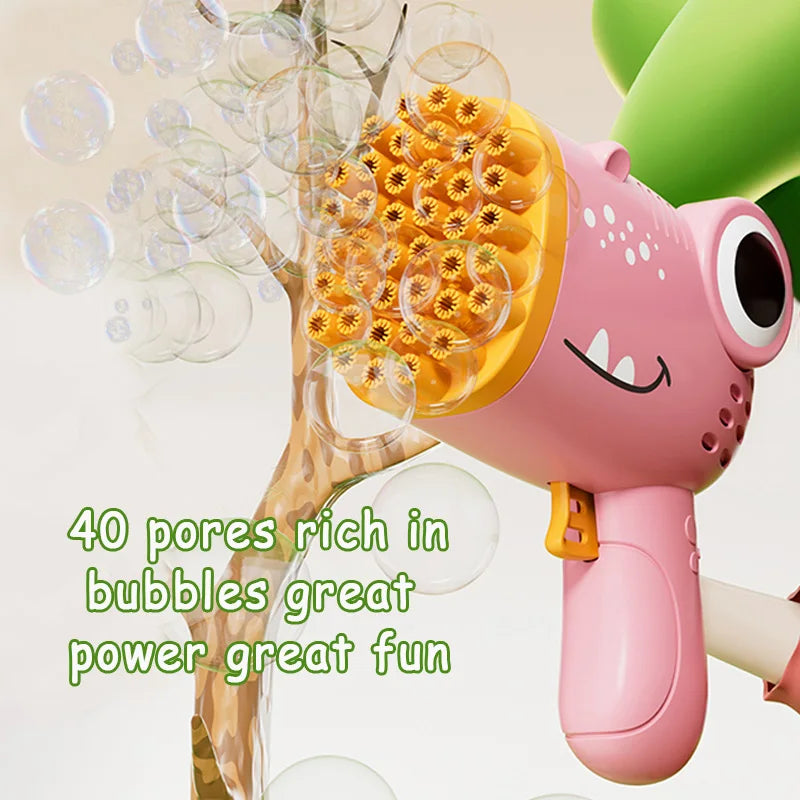 Máquina de burbujas de mano de dinosaurio, pistola de burbujas eléctrica, fiesta de boda juguete para al aire libre, sin agua de burbujas, 40 agujeros