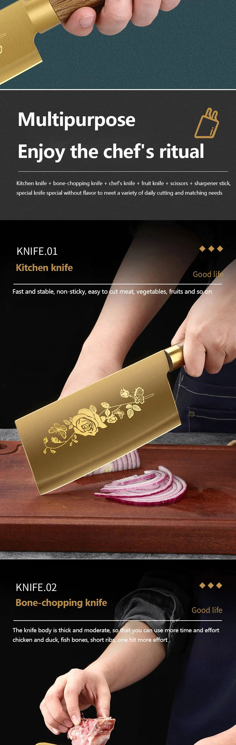 Juego de Cuchillos de Cocina de 4 Piezas con Diseño de Rosa Dorada, Cuchillo de Chef de Acero Inoxidable de Lujo para Cocinar, Herramientas de Cocina Profesionales Afiladas