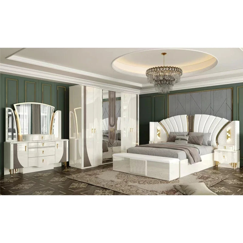Juego de cama doble King Size con marco de madera dorada de lujo real, Villa para el hogar, diseño moderno clásico, juegos de dormitorio completos de madera, muebles