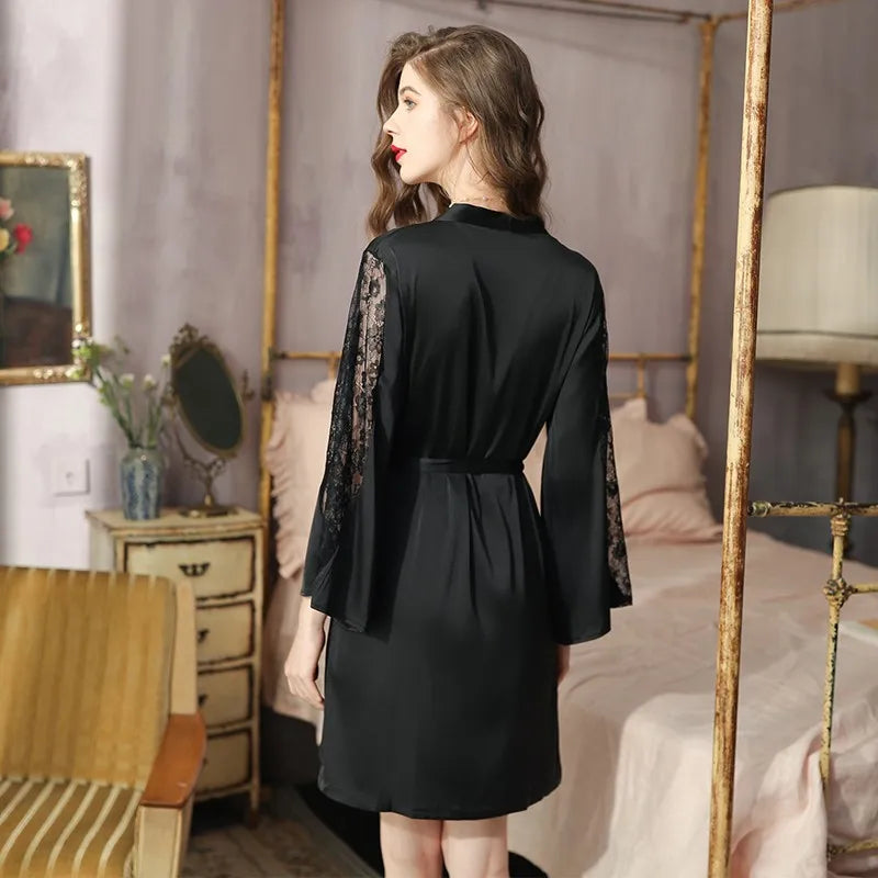 Sexy Intimate Lingerie Perspective Nightwear Lace Patchwork Home Wear Robe Suit Lady Kimono Gown Sleepwear Satin Nighty Bathrobe