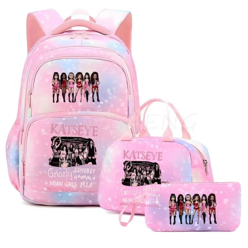 Mochila Katseye para mujer, 3 unidades/juego, mochila escolar para estudiantes, mochila de viaje al aire libre de gran capacidad, mochila escolar para estudiantes con dibujos animados