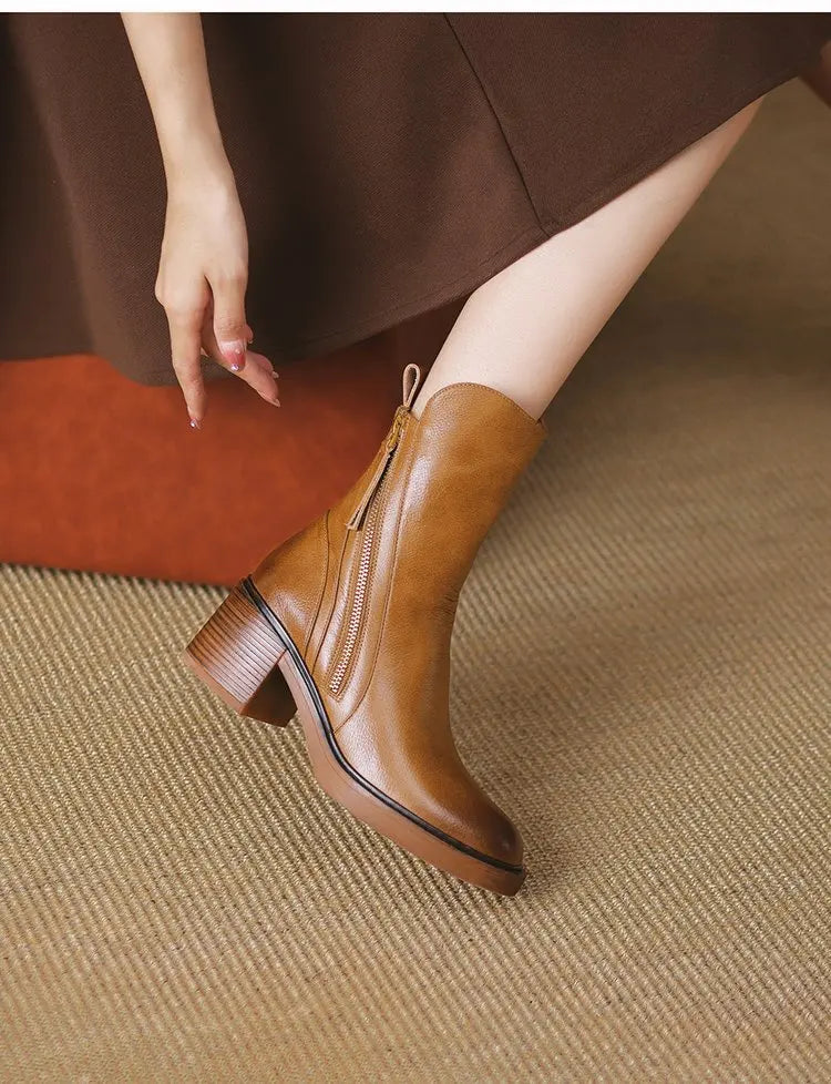 Botines de tacón alto para mujer, botas cortas de cuero con punta redonda, botas de tacón grueso, botines con cremallera lateral, tacón de plataforma para mujer