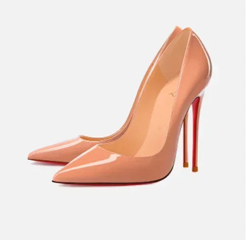 Nuevos tacones altos negros puntiagudos de 12 cm para mujer, tacones delgados con temperamento sexy, boca poco profunda, zapatos individuales con suela roja 34-46