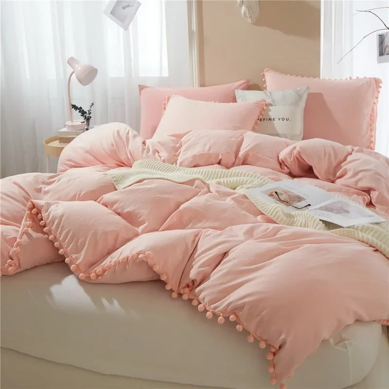 Funda de edredón suave y lavada, Juego de 3 piezas, funda de almohada, juego de ropa de cama para Twin, Full, Queen, King Size, decoración de pompones