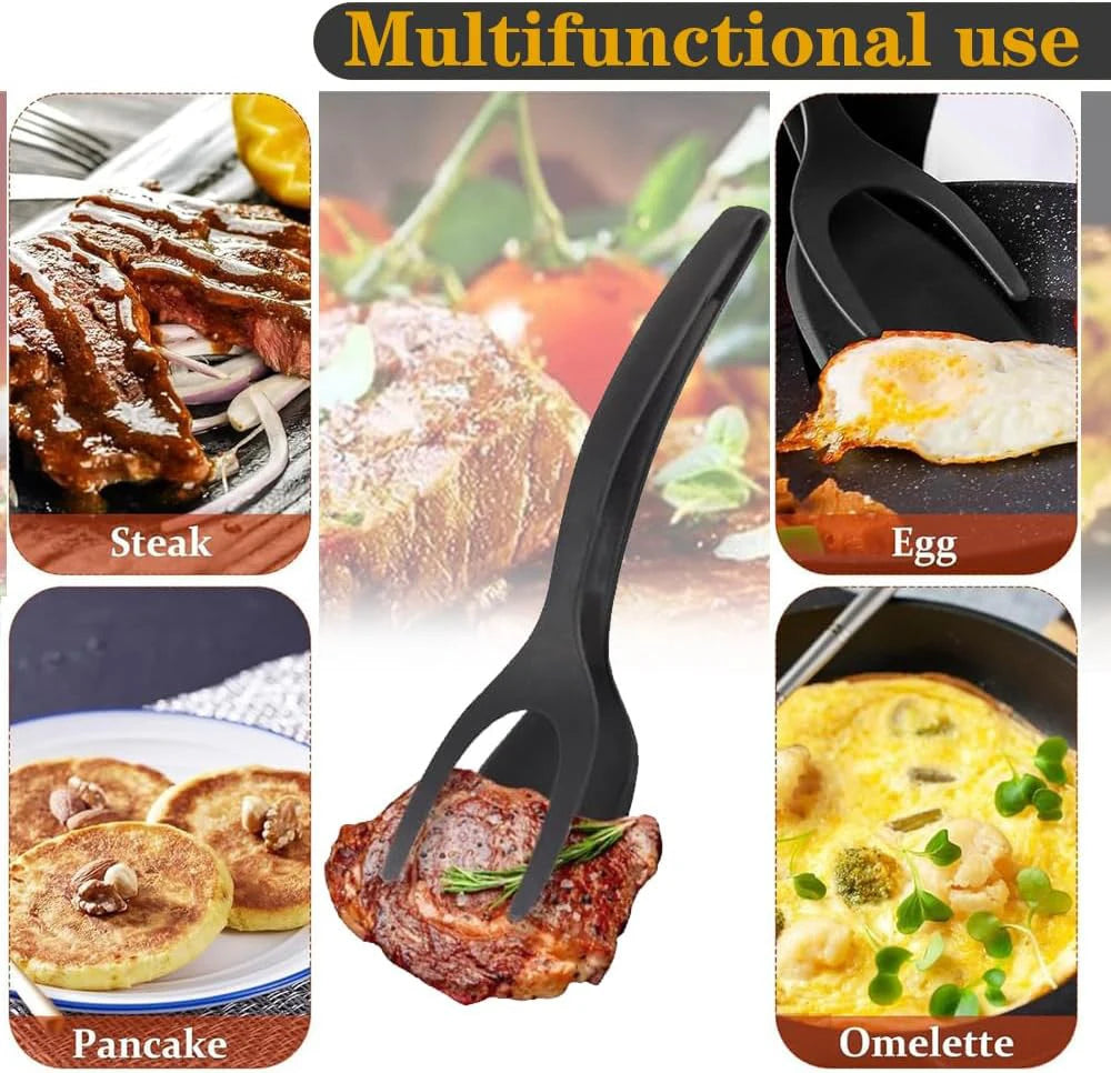Nueva Espátula 2 en 1 con Pinzas, Espátula para Voltear Huevos, Espátula de Nailon con Revestimiento Antiadherente, Herramienta para Hacer Panqueques, Pescado, Tostadas Francesas y Omelettes