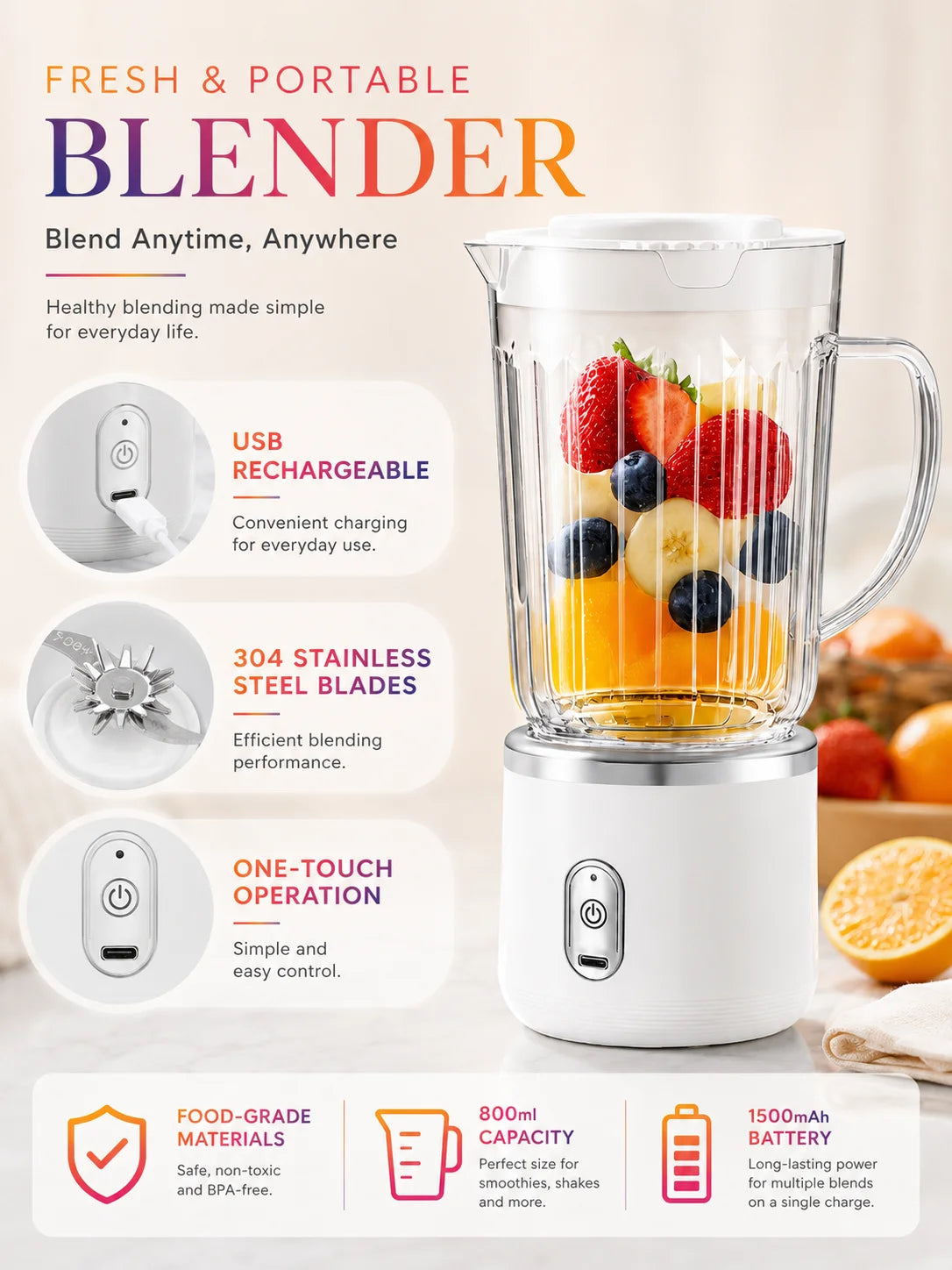 Licuadora Eléctrica Portátil de 800 ml, Operación con un Botón, Carga USB, para Hacer Smoothies de Frutas y Hielo