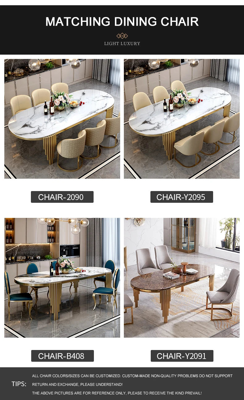 Juego de comedor de acero inoxidable, muebles para el hogar, mesa de comedor de mármol moderna