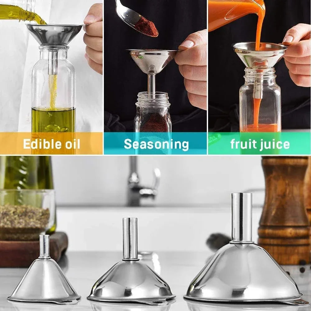 Juego de embudos de cocina de acero inoxidable, embudos metálicos de calidad alimentaria para llenar botellas, embudos pequeños para especias de aceites esenciales, 3/5 Uds.