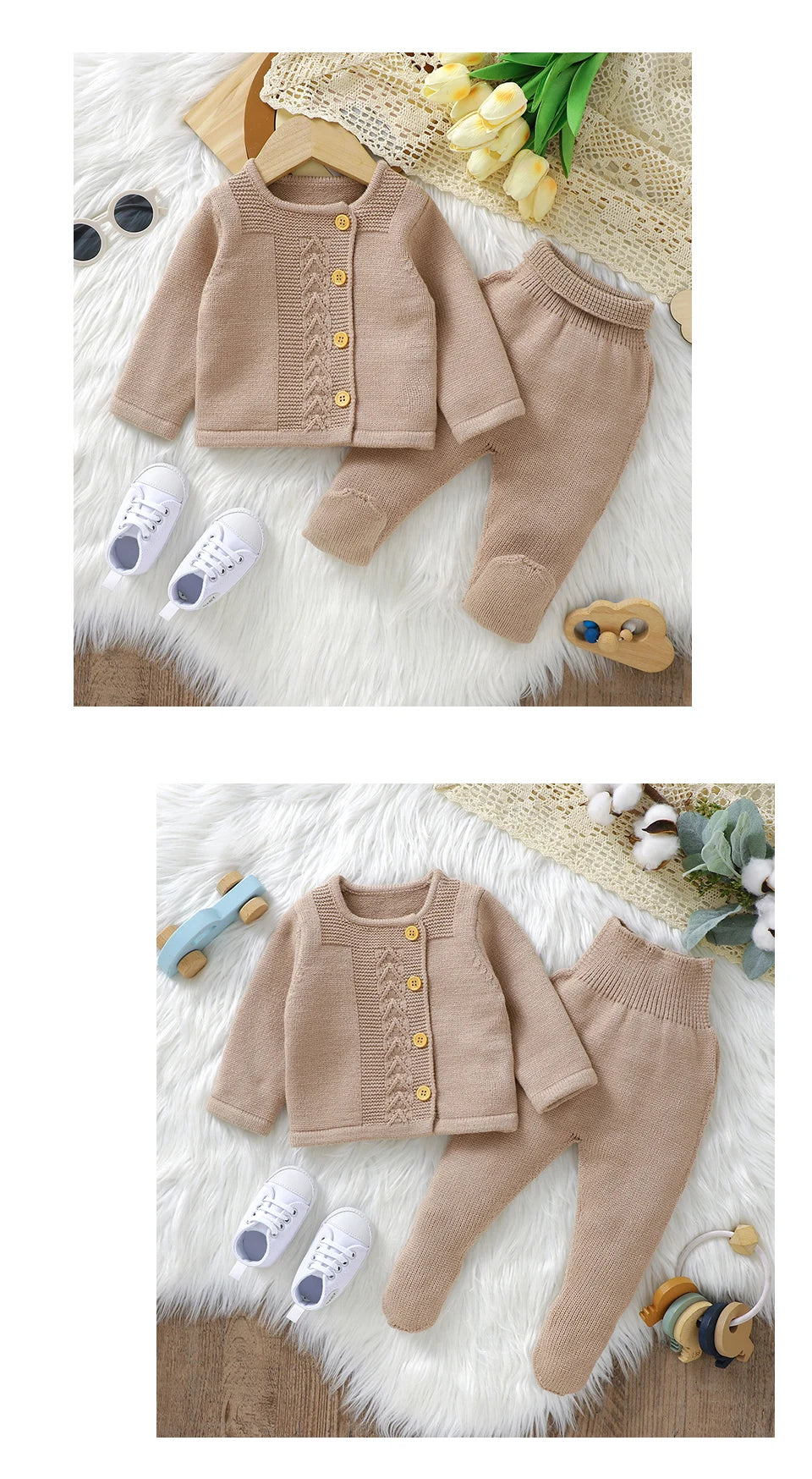 Conjuntos de ropa para niñas pequeñas, suéteres lisos de manga larga, cárdigans y pantalones, trajes tejidos para recién nacidos de 0 a 9m, chándales de 2 uds.