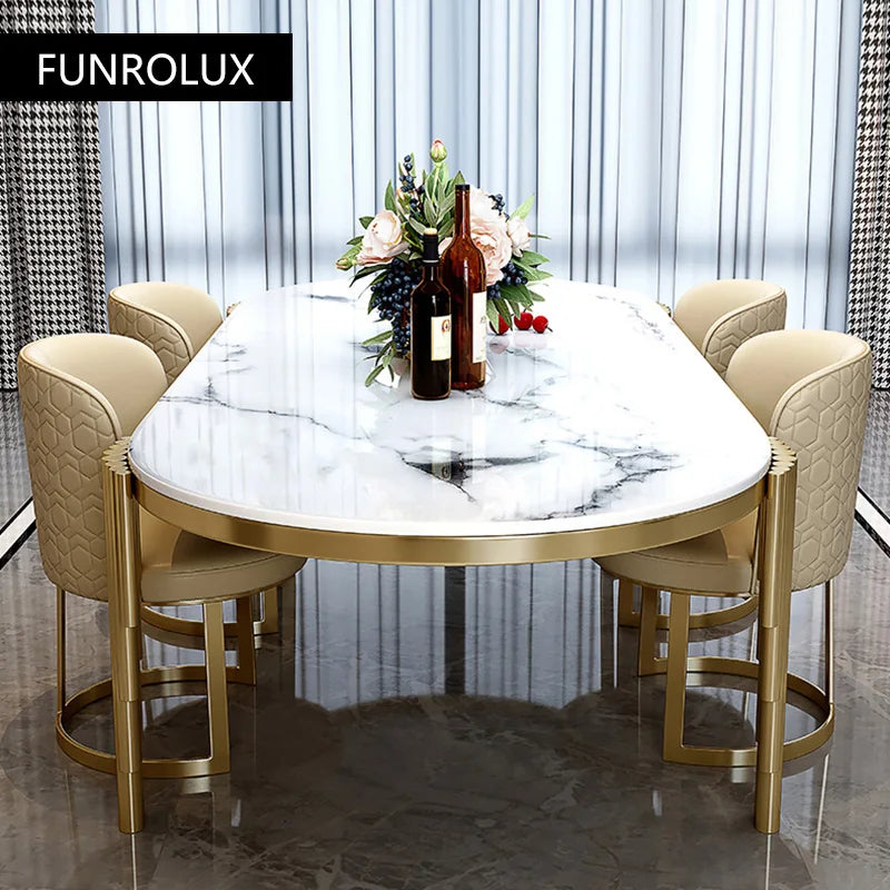Juego de comedor de acero inoxidable, muebles para el hogar, mesa de comedor de mármol moderna