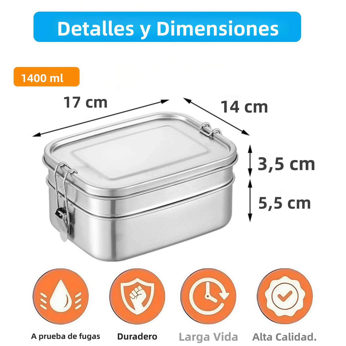 Lonchera de Acero Inoxidable 304, Hermética y a Prueba de Fugas, Bento Box de 1/2 Capas, Contenedores para Almacenamiento de Alimentos con Cierre para Adultos