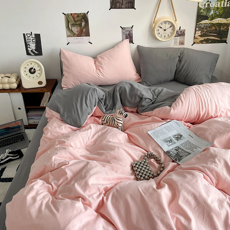Funda nórdica de poliéster para dormitorio, juego de ropa de cama de 3 piezas, Color liso, rosa y gris, 2 fundas de almohada