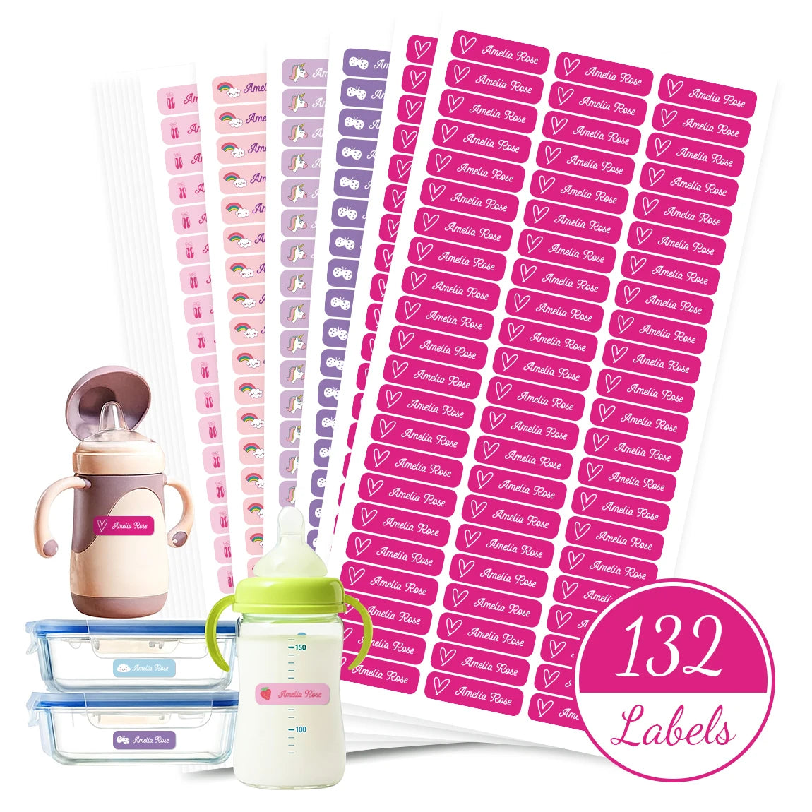 132 pegatinas de nombre personalizadas para niños, etiquetas de nombres impermeables personalizadas para botellas, loncheras, útiles escolares