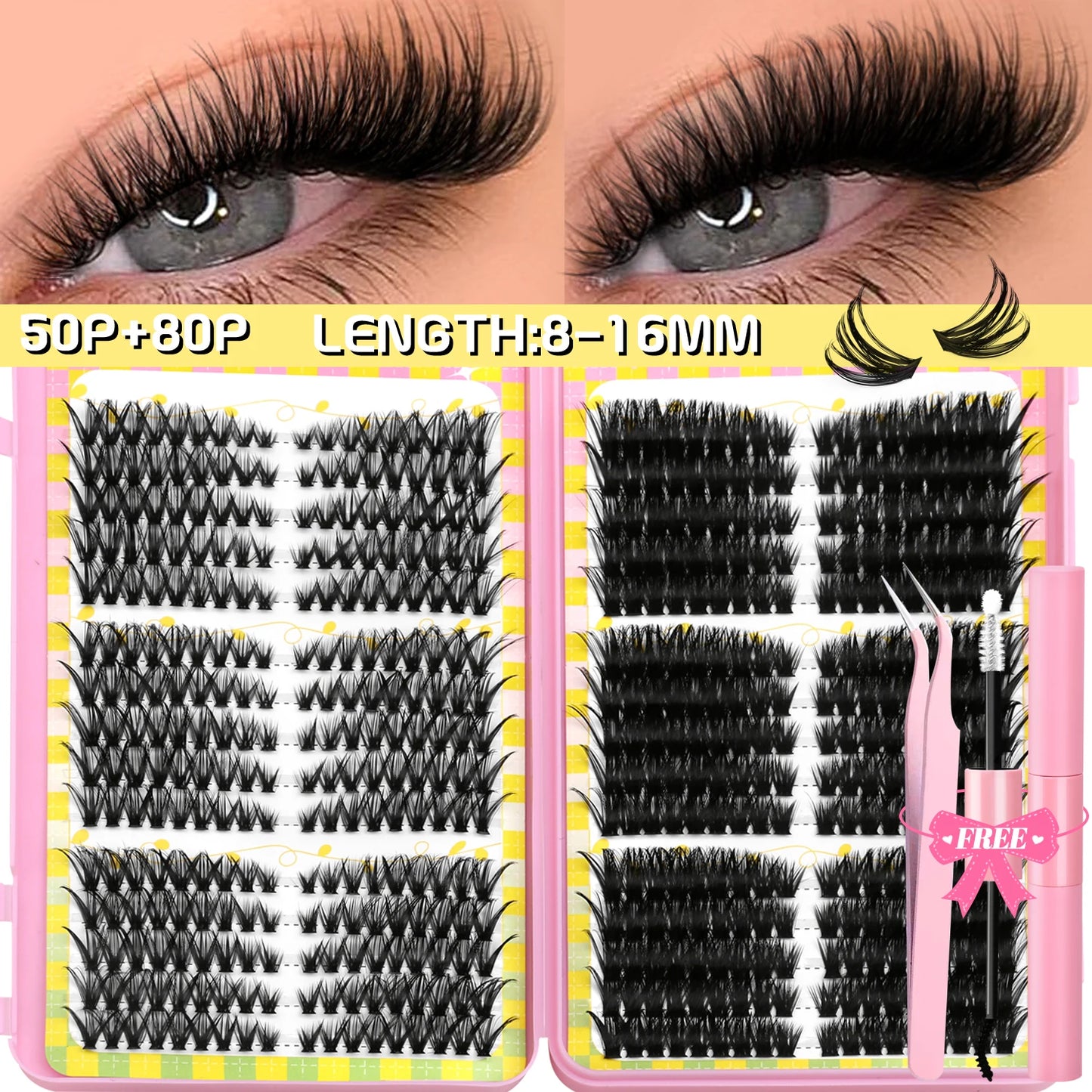 GROINNEYA Clusters de pestañas 540 Uds Kit de extensiones de pestañas de gato Kit de pestañas en racimo con Kit de maquillaje de pestañas Bond & Seal
