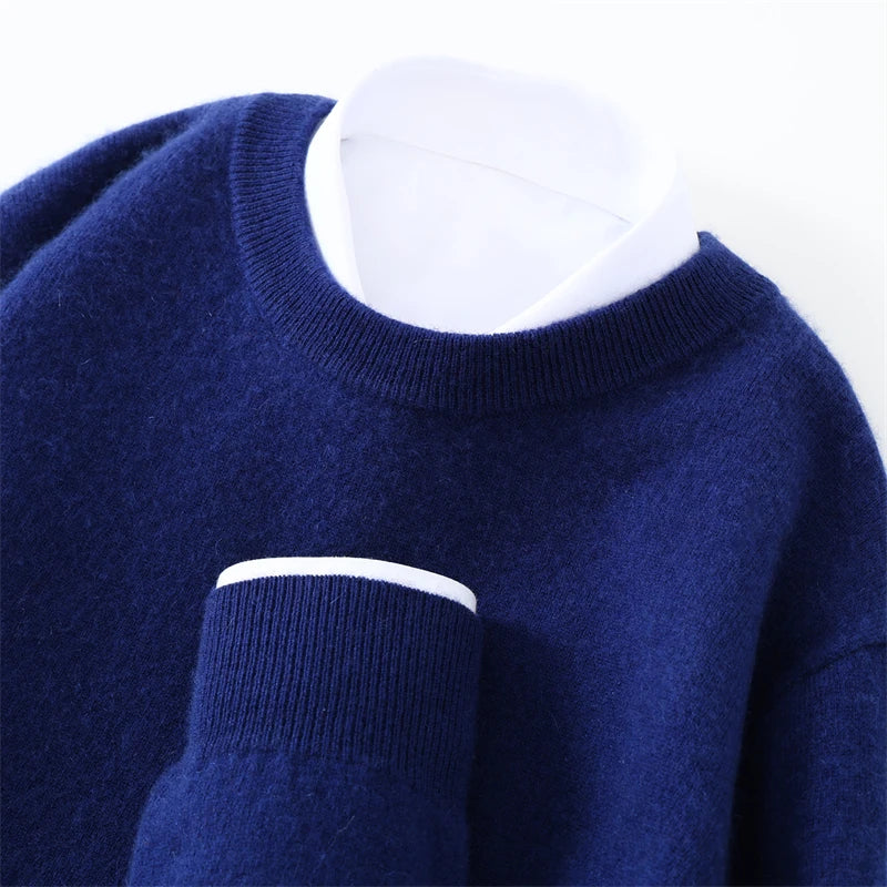 Otoño/Invierno, jersey de cachemira pura de 100% para hombre, suéter de punto liso informal de negocios, Tops sueltos de cuello redondo, jersey grueso y cálido