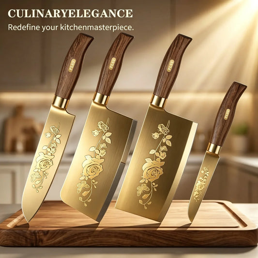 Juego de cuchillos de cocina de lujo dorados, ultra afilados, con hoja de acero inoxidable de primera calidad con revestimiento de titanio y mango de madera para cocinar, 4 piezas