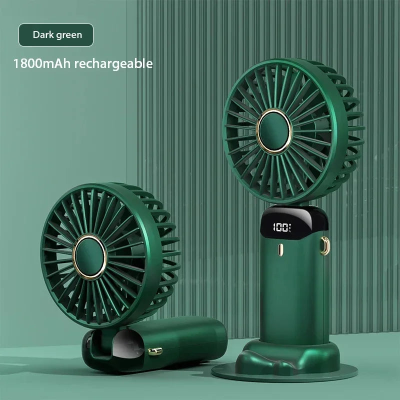 Mini ventilador portátil de mano, ventiladores plegables para colgar en el cuello, ventilador recargable por USB de 5 velocidades con soporte para teléfono y pantalla de visualización de 1800mAh