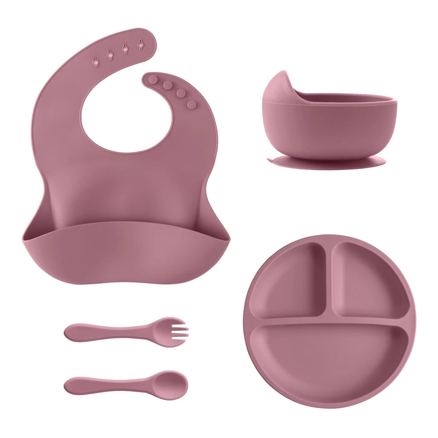 Juego de alimentación de silicona para bebé, plato de comedor redondo, cuenco con ventosa, platos para niños, babero impermeable, cuchara, vajilla para niños, 5 uds.