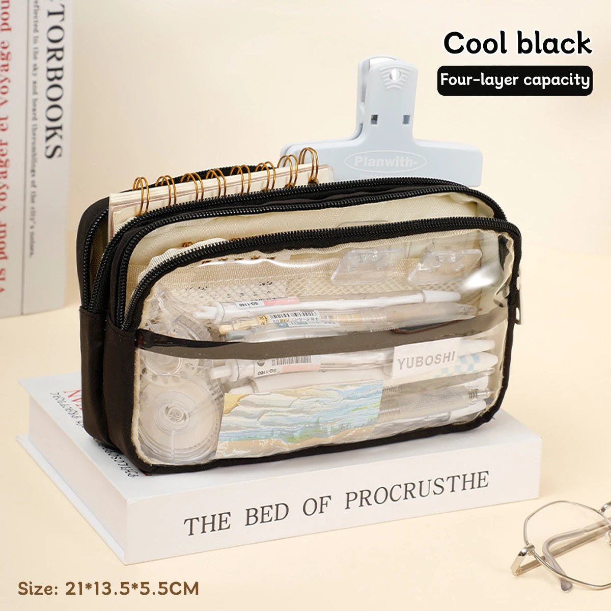 Bolsa de lápices transparente de cuatro capas, bolsa de papelería para estudiantes, bolsa de almacenamiento de gran capacidad, suministros de oficina escolar, papelería, 1Pc