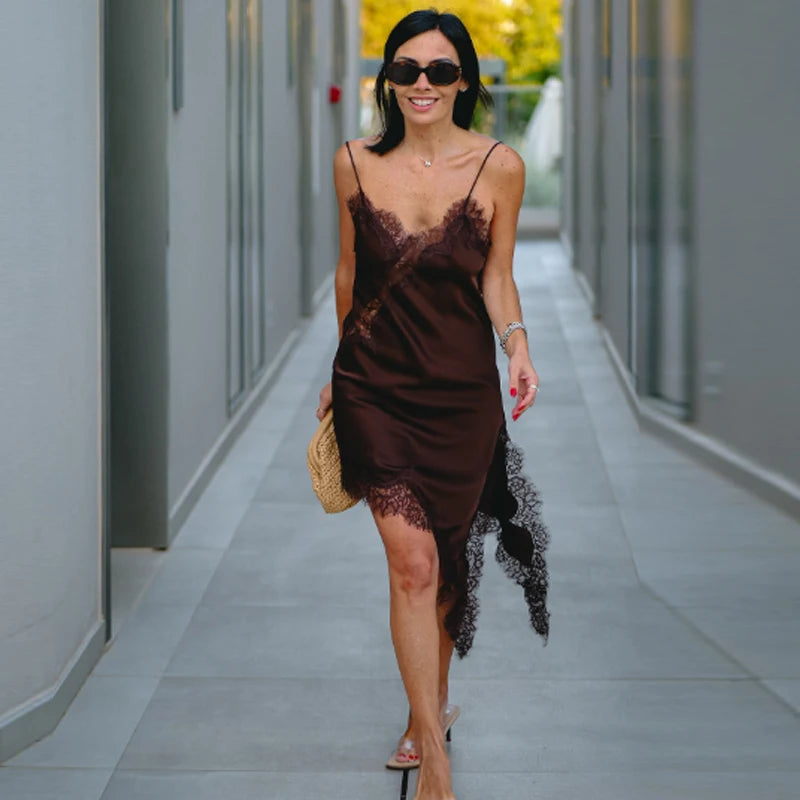 HXAO Vestidos para mujer, vestido asimétrico de encaje, verano 2025, Vestidos de noche sexis para mujer, Mini Vestidos marrones sin mangas y sin espalda