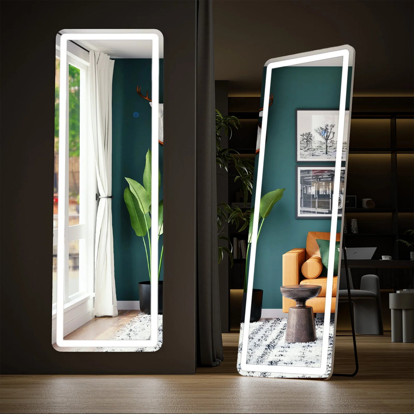 Espejos JHK con luces LED de longitud completa de 64"x21", espejos de pie o para colgar en la pared con soporte, marco de aleación de aluminio para el hogar