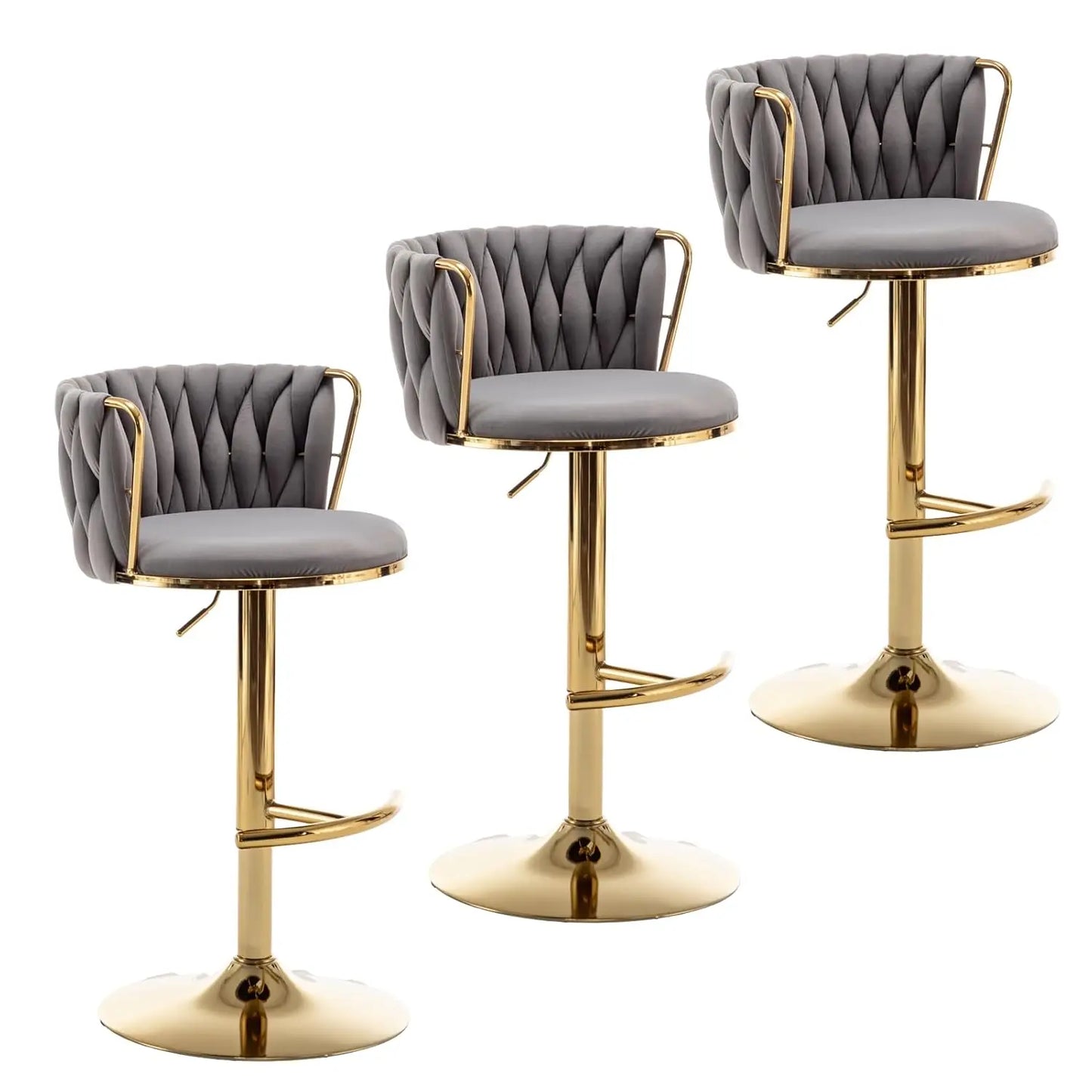 Juego de 3 Taburetes de Bar de Terciopelo Dorado, Taburetes Giratorios con Respaldo para Barra de Cocina, Ajustables y Tejidos, Personalizables