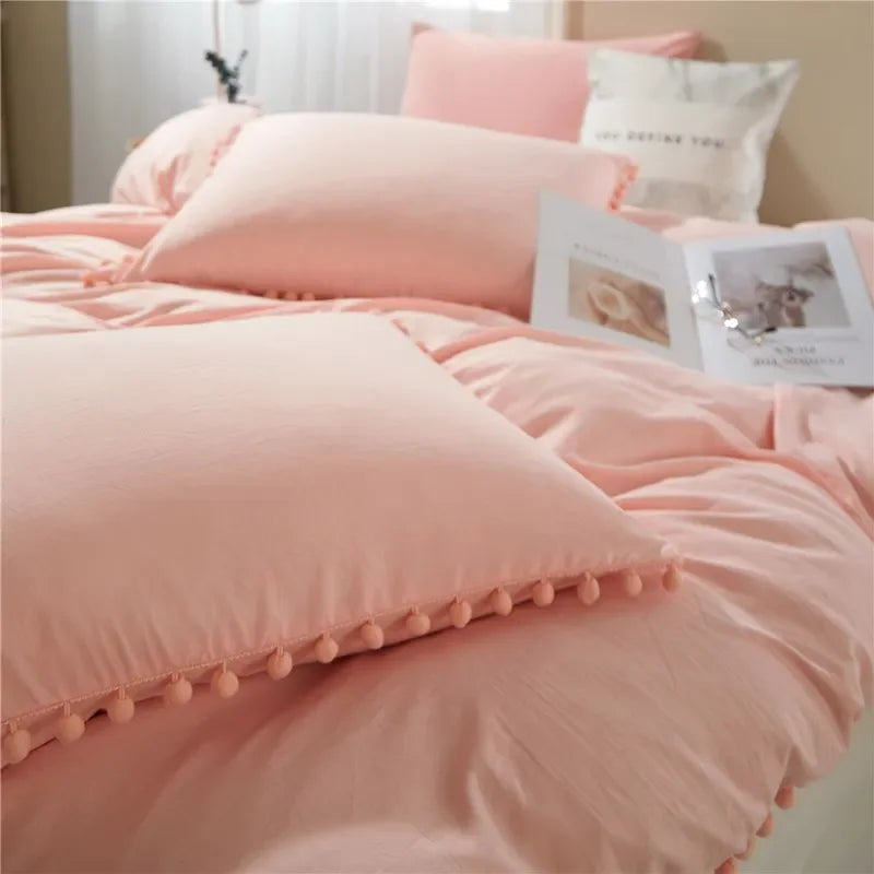 Funda de edredón suave y lavada, Juego de 3 piezas, funda de almohada, juego de ropa de cama para Twin, Full, Queen, King Size, decoración de pompones